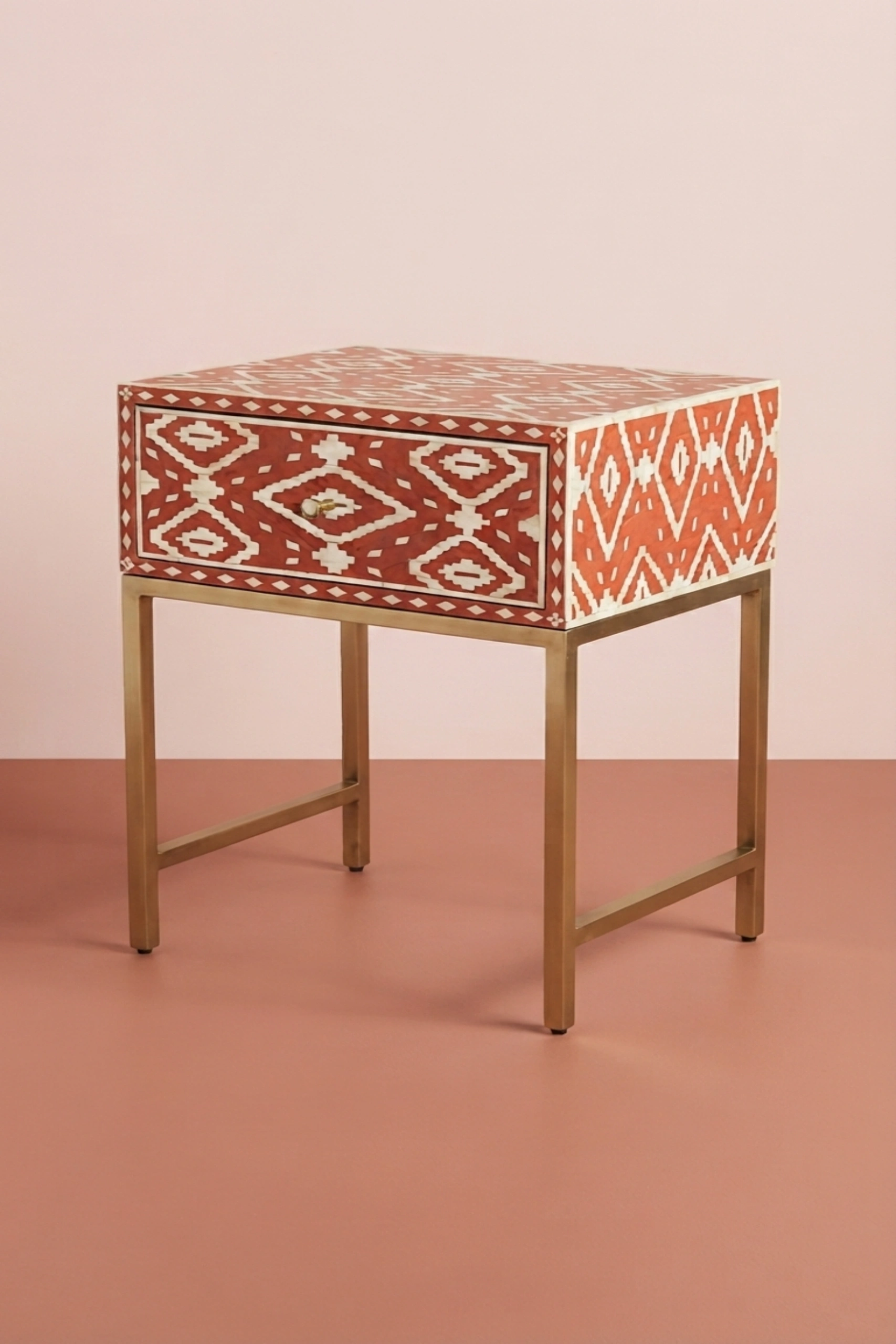 Ikat Bone Inlay Bedside 1 Drawer Orange, buy ikat bone inlay bedside, luxury ikat bone inlay bedside, handcrafted ikat bone inlay bedside, handmade ikat bone inlay bedside, ikat bone inlay gift, ikatikat-bone-inlay-bedside-1-drawer-orange-bedside-table-bone-inlay-furniture-handmade-bone-inlay-nightstand-01.webp
