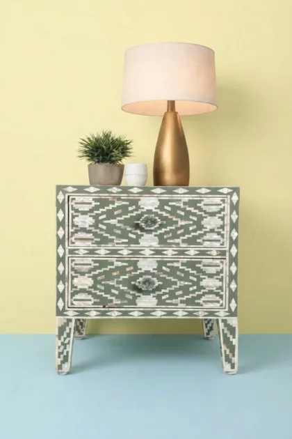Ikat Design MOP Inlay Bedside 2 Drawer Pepper Leaf, buy ikat design mop inlay, luxury ikat design mop inlay, handcrafted ikat design mop inlay, handmade ikat design mop inlay, ikat design mop giftikat-design-mop-inlay-bedside-2-drawer-pepper-leaf-bedside-table-leaf-pattern-mop-inlay-furniture-mother-of-pearl-inlay-nature-inspired-nightstand-01.webp