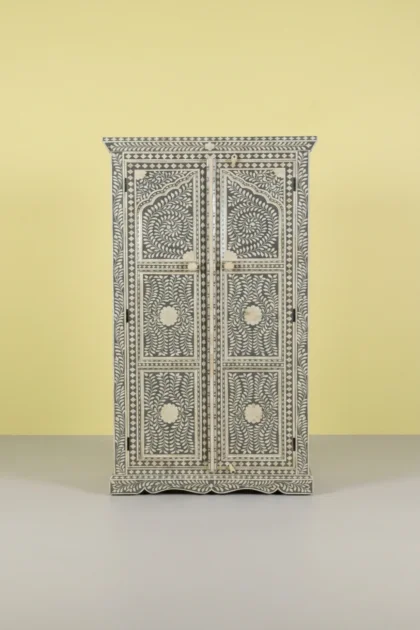 Jharokha Bone Inlay Floral Almirah Grey, buy jharokha bone inlay floral, luxury jharokha bone inlay floral, handcrafted jharokha bone inlay floral, handmade jharokha bone inlay floral, jharokha bonejharokha-bone-inlay-floral-almirah-grey-bone-inlay-furniture-floral-design-floral-pattern-flower-motif-grey-furniture-handmade-bone-inlay-01.webp