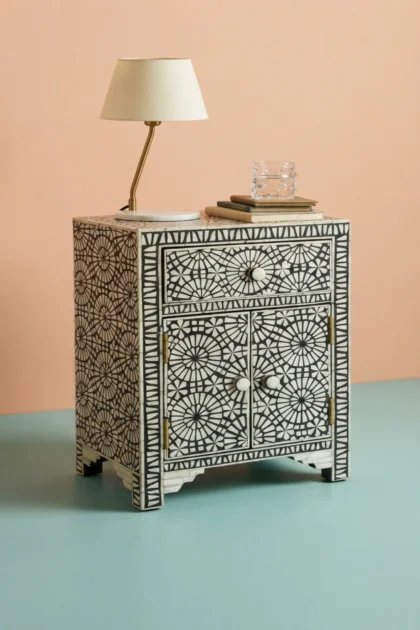 Kaleidoscope Bone Inlay Nightstand Black Western Night Stand, buy kaleidoscope bone inlay nightstand, luxury kaleidoscope bone inlay nightstand, handcrafted kaleidoscope bone inlay nightstand, bonekaleidoscope-bone-inlay-nightstand-black-western-night-stand-bedside-table-black-furniture-bone-inlay-furniture-handmade-bone-inlay-nightstand-01.webp