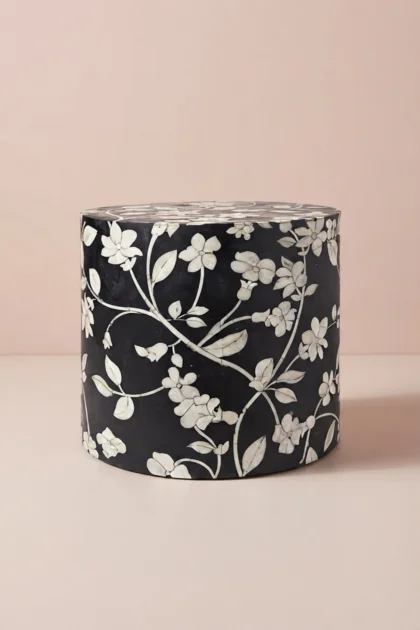 Lola Bone Inlay Round Stool Floral Black, buy lola bone inlay round, luxury lola bone inlay round, handcrafted lola bone inlay round, handmade lola bone inlay round, lola bone inlay round online, lolalola-bone-inlay-round-stool-floral-black-accent-stool-black-furniture-bone-inlay-furniture-floral-design-floral-pattern-flower-motif-handmade-bone-inlay-stool-01.webp