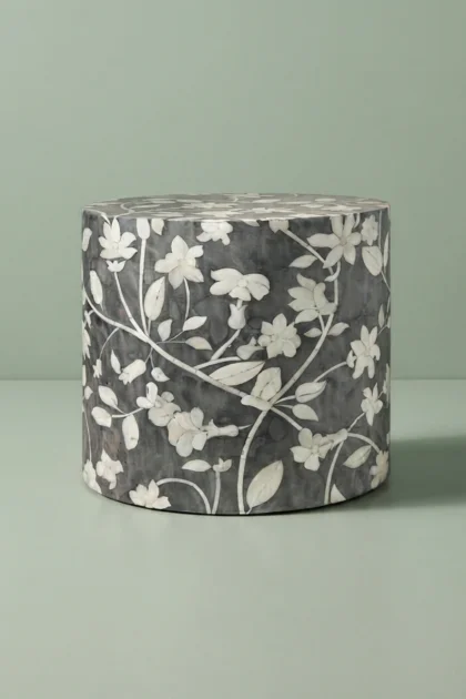 Lola Bone Inlay Round Stool Floral Grey, buy lola bone inlay round, luxury lola bone inlay round, handcrafted lola bone inlay round, handmade lola bone inlay round, lola bone inlay round online, lolalola-bone-inlay-round-stool-floral-grey-accent-stool-bone-inlay-furniture-floral-design-floral-pattern-flower-motif-grey-furniture-handmade-bone-inlay-stool-01.webp