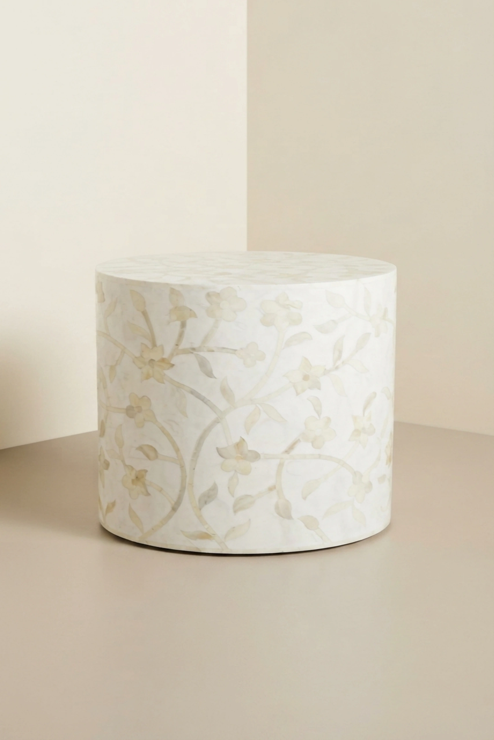 Lola Bone Inlay Round Stool Floral White, buy lola bone inlay round, luxury lola bone inlay round, handcrafted lola bone inlay round, handmade lola bone inlay round, lola bone inlay round online, lolalola-bone-inlay-round-stool-floral-white-accent-stool-bone-inlay-furniture-floral-design-floral-pattern-flower-motif-handmade-bone-inlay-stool-white-furniture-01.webp