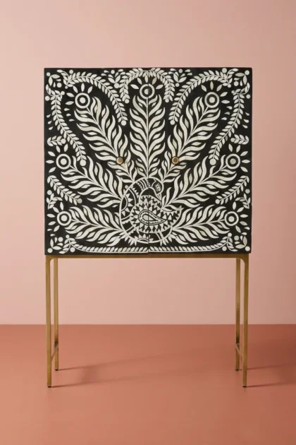Lucienne Bone Inlay Bar Cabinet Peacock Black, buy lucienne bone inlay bar, luxury lucienne bone inlay bar, handcrafted lucienne bone inlay bar, handmade lucienne bone inlay bar, lucienne bone, bonelucienne-bone-inlay-bar-cabinet-peacock-black-bar-cabinet-black-furniture-bone-inlay-furniture-chest-of-drawers-handmade-bone-inlay-storage-cabinet-01.webp