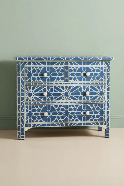 Marrakesh Bone Inlay Chest Of 4 Drawers Dark Blue, buy marrakesh bone inlay chest, luxury marrakesh bone inlay chest, handcrafted marrakesh bone inlay chest, handmade marrakesh bone inlay chest, bonemarrakesh-bone-inlay-chest-of-4-drawers-dark-blue-blue-furniture-bone-inlay-furniture-chest-of-drawers-drawers-cabinet-handmade-bone-inlay-storage-furniture-01.webp