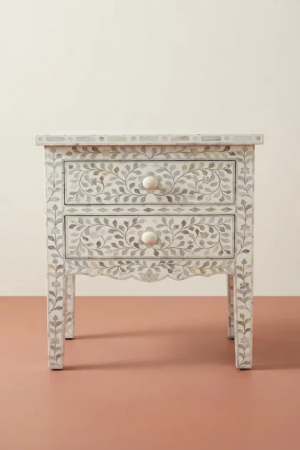 Mehrab Mother Of Pearl Inlay Floral 2 Drawer Bedside White, buy mehrab mother pearl inlay, luxury mehrab mother pearl inlay, handcrafted mehrab mother pearl inlay, handmade mehrab mother pearl inlaymehrab-mother-of-pearl-inlay-floral-2-drawer-bedside-white-bedside-table-floral-design-floral-pattern-flower-motif-mop-inlay-furniture-mother-of-pea-01.webp