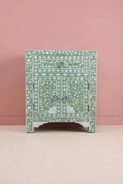 MOP 1 Drawer 2 Door Bedside Table Light Green, buy mop drawer door bedside, luxury mop drawer door bedside, handcrafted mop drawer door bedside, handmade mop drawer door bedside, mop drawer door giftmop-1-drawer-2-door-bedside-table-light-green-bedside-table-furniture-table-green-furniture-mop-inlay-furniture-mother-of-pearl-inlay-nightstand-01.webp