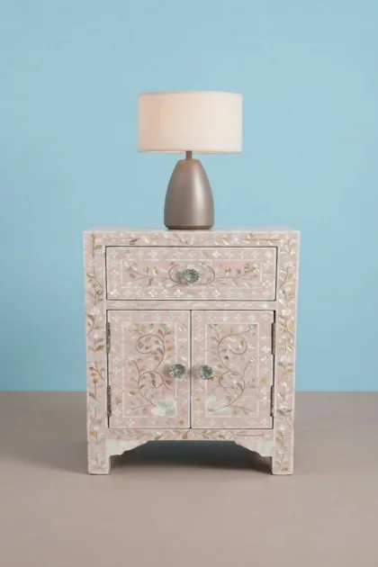 MOP 1 Drawer 2 Door Bedside Table Light Pink, buy mop drawer door bedside, luxury mop drawer door bedside, handcrafted mop drawer door bedside, handmade mop drawer door bedside, mop drawer door giftmop-1-drawer-2-door-bedside-table-light-pink-bedside-table-furniture-table-mop-inlay-furniture-mother-of-pearl-inlay-nightstand-pink-furniture-01.webp