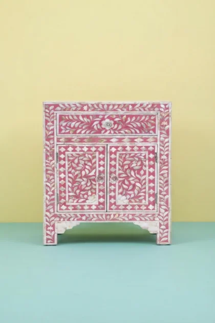 MOP 1 Drawer 2 Door Bedside Table Pink, buy mop drawer door bedside, luxury mop drawer door bedside, handcrafted mop drawer door bedside, handmade mop drawer door bedside, mop drawer door gift, mopmop-1-drawer-2-door-bedside-table-pink-bedside-table-furniture-table-mop-inlay-furniture-mother-of-pearl-inlay-nightstand-pink-furniture-01.webp