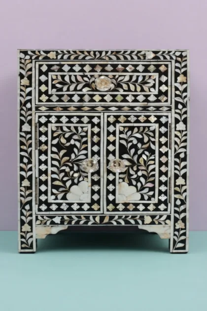 MOP Floral 1 Drawer 2 Door Bedside Table Black, buy mop floral drawer door, luxury mop floral drawer door, handcrafted mop floral drawer door, handmade mop floral drawer door, mop floral drawer giftmop-floral-1-drawer-2-door-bedside-table-black-bedside-table-black-furniture-floral-design-floral-pattern-flower-motif-furniture-table-mop-inlay-furniture-mothe-01.webp