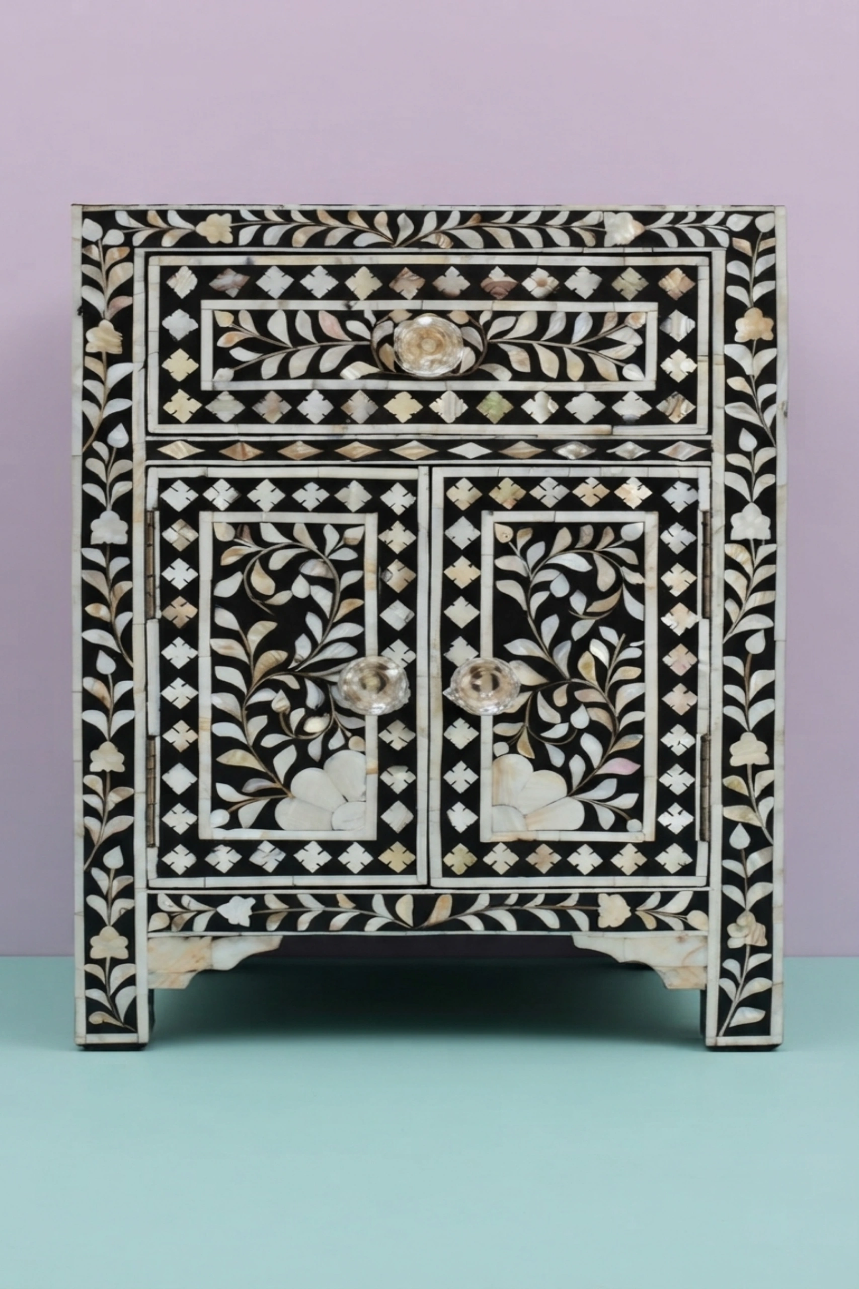 MOP Floral 1 Drawer 2 Door Bedside Table Black, buy mop floral drawer door, luxury mop floral drawer door, handcrafted mop floral drawer door, handmade mop floral drawer door, mop floral drawer giftmop-floral-1-drawer-2-door-bedside-table-black-bedside-table-black-furniture-floral-design-floral-pattern-flower-motif-furniture-table-mop-inlay-furniture-mothe-01.webp