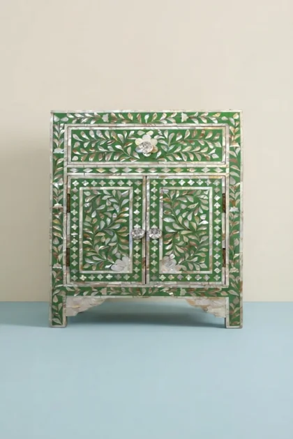 MOP Floral 1 Drawer 2 Door Bedside Table Green, buy mop floral drawer door, luxury mop floral drawer door, handcrafted mop floral drawer door, handmade mop floral drawer door, mop floral drawer giftmop-floral-1-drawer-2-door-bedside-table-green-bedside-table-floral-design-floral-pattern-flower-motif-furniture-table-green-furniture-mop-inlay-furniture-mothe-01.webp