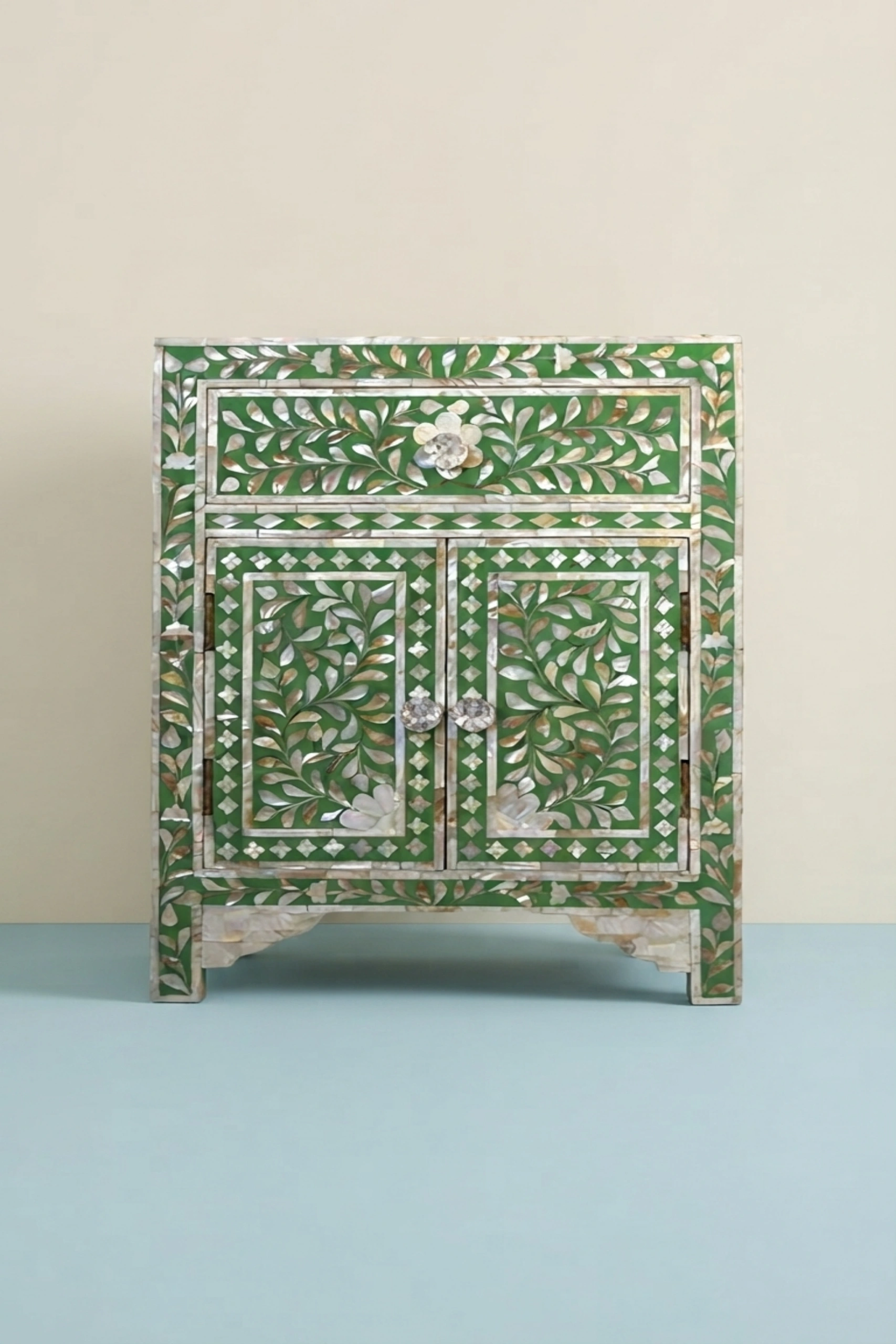 MOP Floral 1 Drawer 2 Door Bedside Table Green, buy mop floral drawer door, luxury mop floral drawer door, handcrafted mop floral drawer door, handmade mop floral drawer door, mop floral drawer giftmop-floral-1-drawer-2-door-bedside-table-green-bedside-table-floral-design-floral-pattern-flower-motif-furniture-table-green-furniture-mop-inlay-furniture-mothe-01.webp