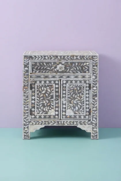 MOP Floral 1 Drawer 2 Door Bedside Table Grey, buy mop floral drawer door, luxury mop floral drawer door, handcrafted mop floral drawer door, handmade mop floral drawer door, mop floral drawer giftmop-floral-1-drawer-2-door-bedside-table-grey-bedside-table-floral-design-floral-pattern-flower-motif-furniture-table-grey-furniture-mop-inlay-furniture-mother-o-01.webp