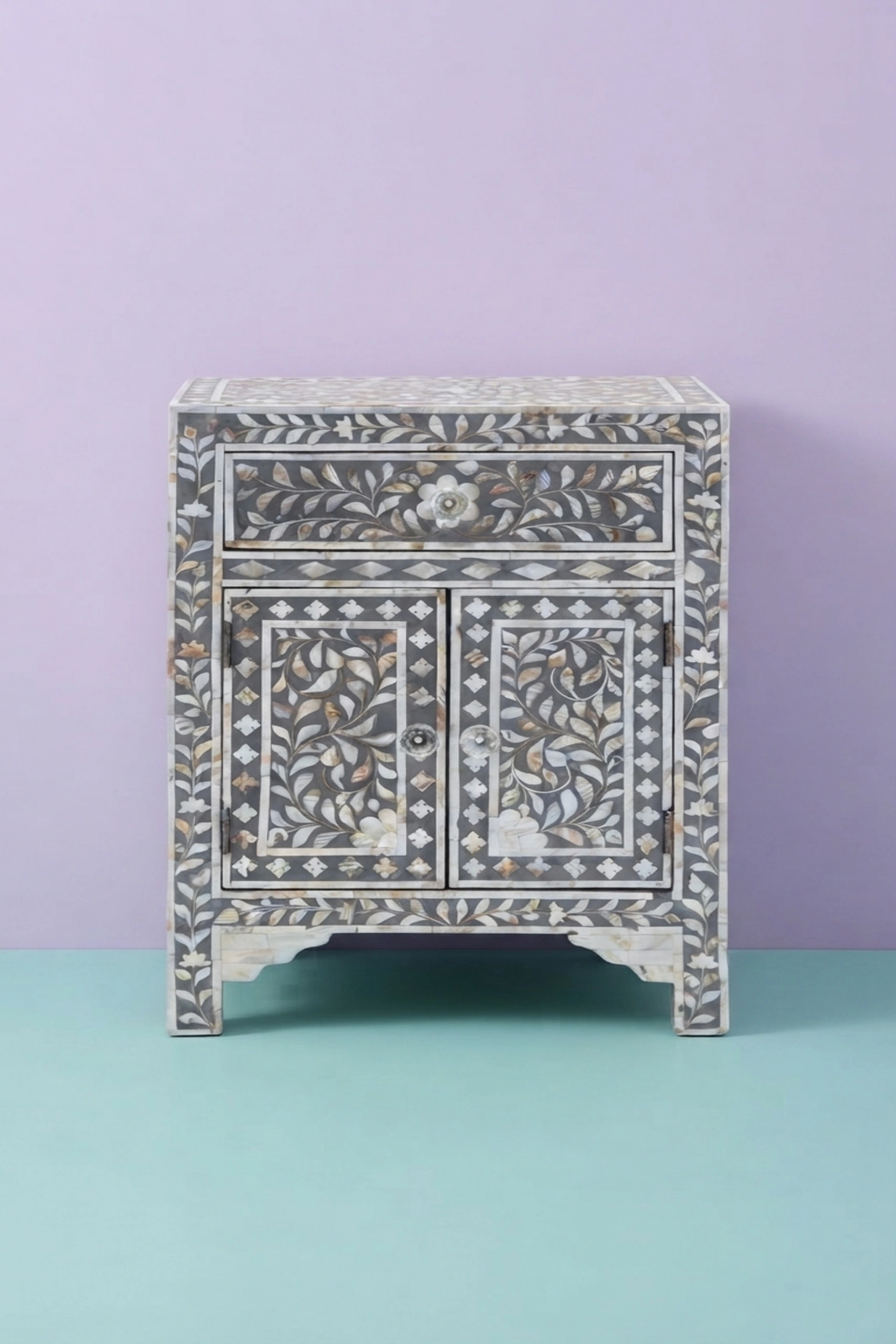 MOP Floral 1 Drawer 2 Door Bedside Table Grey, buy mop floral drawer door, luxury mop floral drawer door, handcrafted mop floral drawer door, handmade mop floral drawer door, mop floral drawer giftmop-floral-1-drawer-2-door-bedside-table-grey-bedside-table-floral-design-floral-pattern-flower-motif-furniture-table-grey-furniture-mop-inlay-furniture-mother-o-01.webp