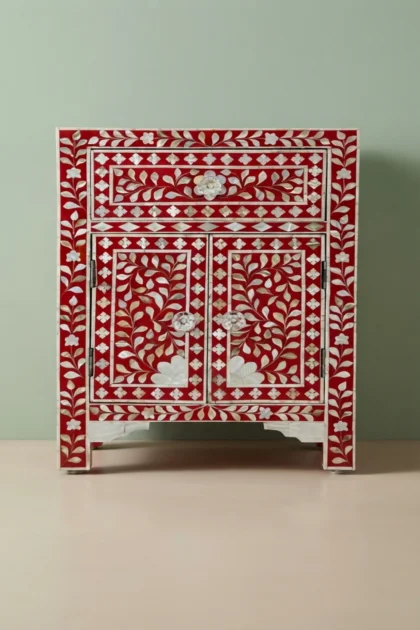 MOP Floral 1 Drawer 2 Door Bedside Table Red, buy mop floral drawer door, luxury mop floral drawer door, handcrafted mop floral drawer door, handmade mop floral drawer door, mop floral drawer giftmop-floral-1-drawer-2-door-bedside-table-red-bedside-table-floral-design-floral-pattern-flower-motif-furniture-table-mop-inlay-furniture-mother-of-pearl-inlay-nig-01.webp