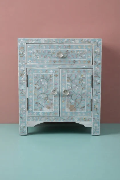 MOP Floral 1 Drawer 2 Door Bedside Table Turquoise, buy mop floral drawer door, luxury mop floral drawer door, handcrafted mop floral drawer door, handmade mop floral drawer door, mop floral, mopmop-floral-1-drawer-2-door-bedside-table-turquoise-bedside-table-floral-design-floral-pattern-flower-motif-furniture-table-mop-inlay-furniture-mother-of-pea-01.webp