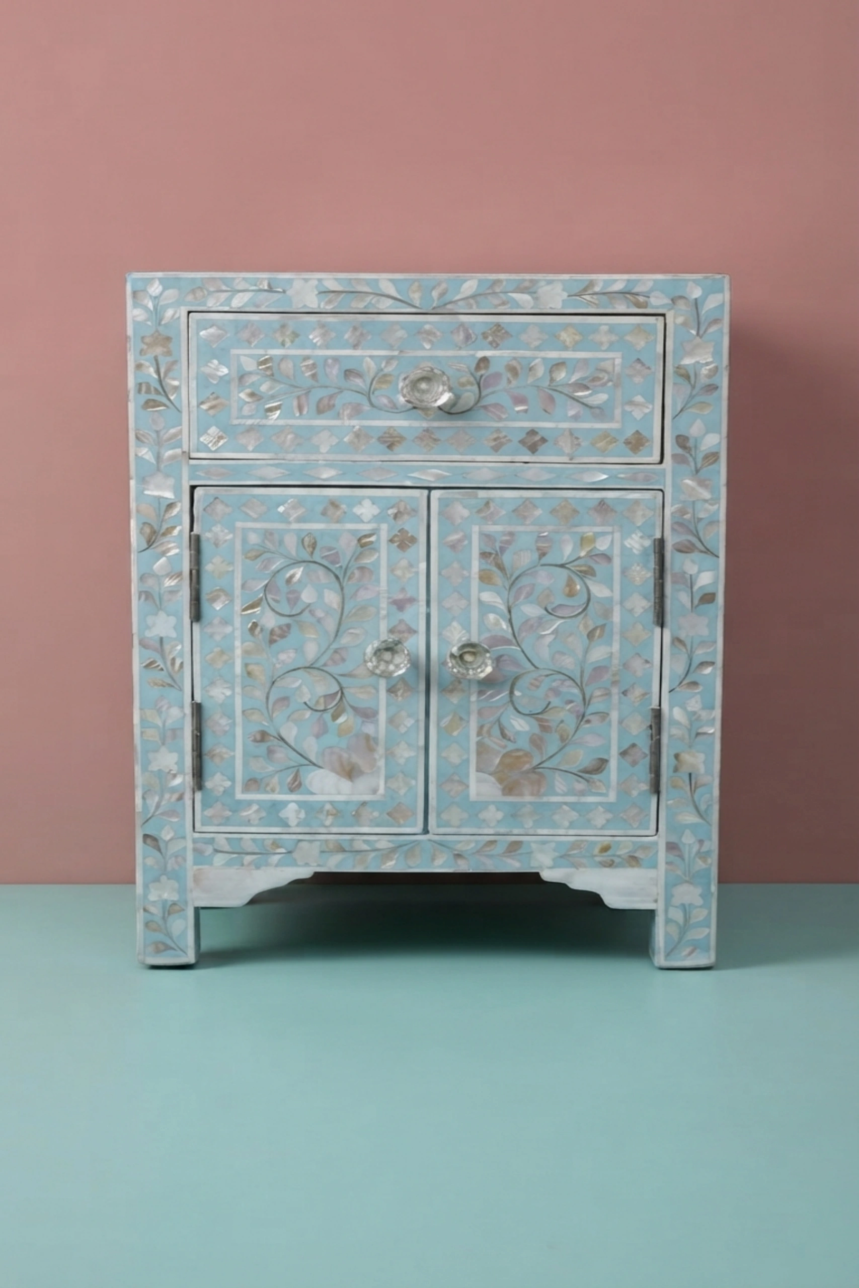 MOP Floral 1 Drawer 2 Door Bedside Table Turquoise, buy mop floral drawer door, luxury mop floral drawer door, handcrafted mop floral drawer door, handmade mop floral drawer door, mop floral, mopmop-floral-1-drawer-2-door-bedside-table-turquoise-bedside-table-floral-design-floral-pattern-flower-motif-furniture-table-mop-inlay-furniture-mother-of-pea-01.webp