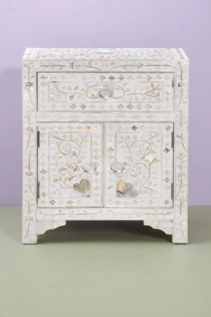 MOP Floral 1 Drawer 2 Door Bedside Table White, buy mop floral drawer door, luxury mop floral drawer door, handcrafted mop floral drawer door, handmade mop floral drawer door, mop floral drawer giftmop-floral-1-drawer-2-door-bedside-table-white-bedside-table-floral-design-floral-pattern-flower-motif-furniture-table-mop-inlay-furniture-mother-of-pearl-inlay-01.webp