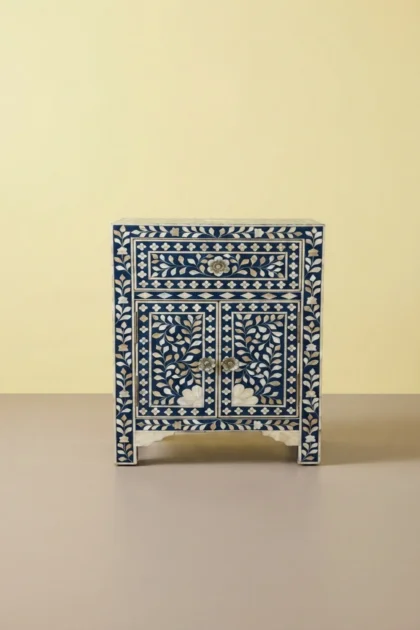 MOP Inlay 1 Drawer 2 Door Bedside Table Dark Blue, buy mop inlay drawer door, luxury mop inlay drawer door, handcrafted mop inlay drawer door, handmade mop inlay drawer door, mop inlay drawer giftmop-inlay-1-drawer-2-door-bedside-table-dark-blue-bedside-table-blue-furniture-furniture-table-mop-inlay-furniture-mother-of-pearl-inlay-nightstand-01.webp