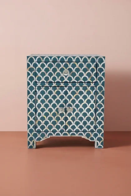 MOP Inlay 1 Drawer 2 Door Fishscale Design Bedside Teal Green, buy mop inlay drawer door, luxury mop inlay drawer door, handcrafted mop inlay drawer door, handmade mop inlay drawer door, mop inlaymop-inlay-1-drawer-2-door-fishscale-design-bedside-teal-green-bedside-table-green-furniture-mop-inlay-furniture-mother-of-pearl-inlay-nightstand-01.webp
