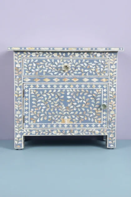 MOP Inlay Bedside Floral 1 Drawer 1 Door Pale Blue, buy mop inlay bedside floral, luxury mop inlay bedside floral, handcrafted mop inlay bedside floral, handmade mop inlay bedside floral, mop inlaymop-inlay-bedside-floral-1-drawer-1-door-pale-blue-bedside-table-blue-furniture-floral-design-floral-pattern-flower-motif-mop-inlay-furniture-mother-of-pear-01.webp