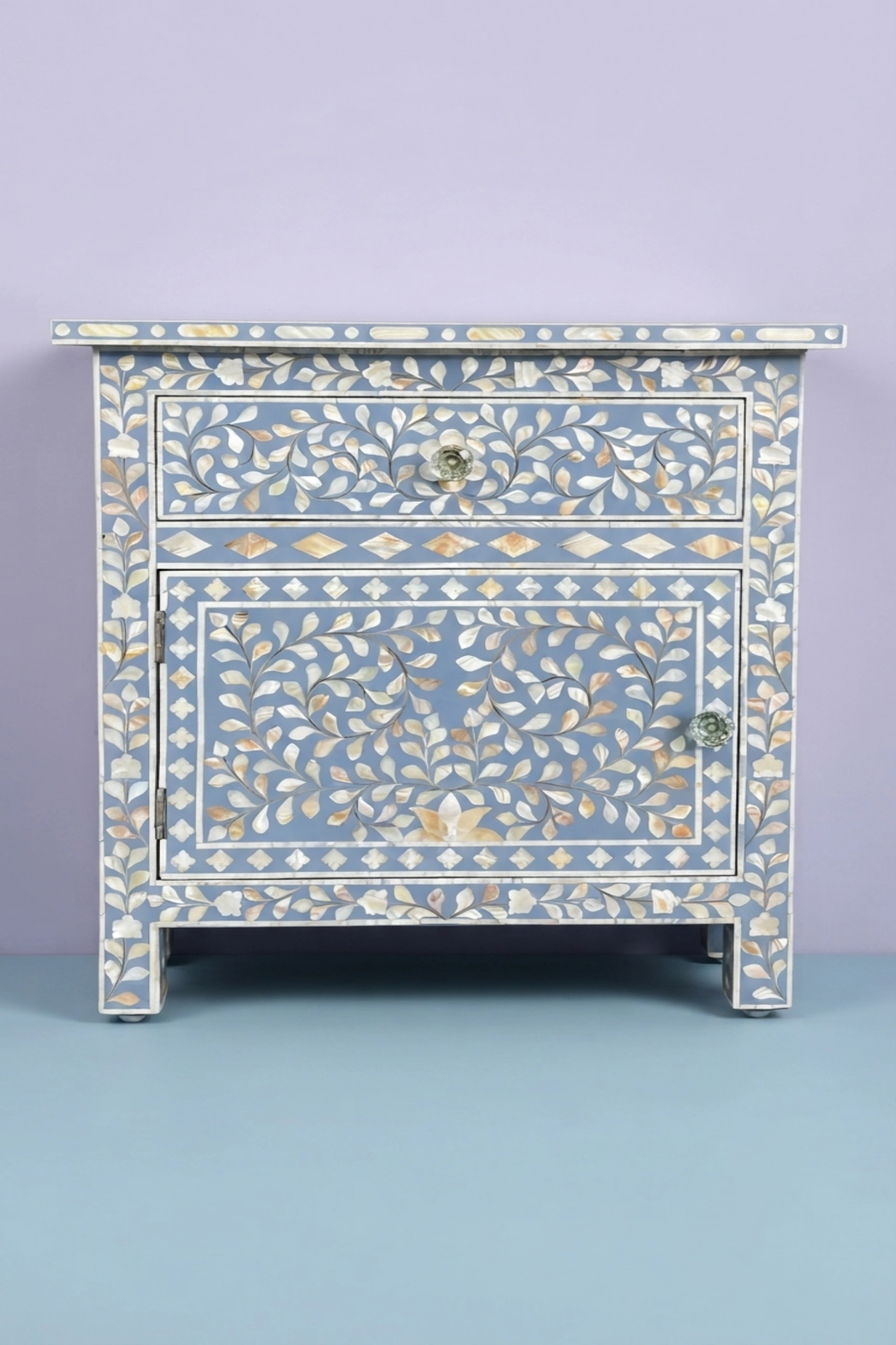 MOP Inlay Bedside Floral 1 Drawer 1 Door Pale Blue, buy mop inlay bedside floral, luxury mop inlay bedside floral, handcrafted mop inlay bedside floral, handmade mop inlay bedside floral, mop inlaymop-inlay-bedside-floral-1-drawer-1-door-pale-blue-bedside-table-blue-furniture-floral-design-floral-pattern-flower-motif-mop-inlay-furniture-mother-of-pear-01.webp