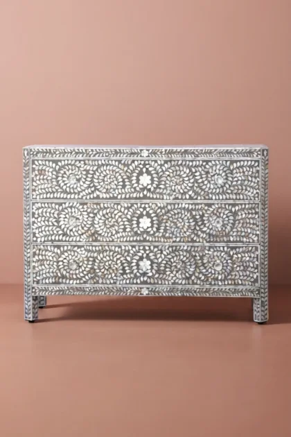 MOP Inlay Edge Floral 3 Drawer Dresser Dark Grey, buy mop inlay edge floral, luxury mop inlay edge floral, handcrafted mop inlay edge floral, handmade mop inlay edge floral, mop inlay edge gift, mopmop-inlay-edge-floral-3-drawer-dresser-dark-grey-bedroom-storage-dresser-floral-design-floral-pattern-flower-motif-grey-furniture-mop-inlay-furniture-mother-of-p-01.webp