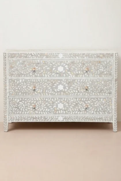 MOP Inlay Edge Floral 3 Drawer Dresser Grey, buy mop inlay edge floral, luxury mop inlay edge floral, handcrafted mop inlay edge floral, handmade mop inlay edge floral, mop inlay edge floral onlinemop-inlay-edge-floral-3-drawer-dresser-grey-bedroom-storage-dresser-floral-design-floral-pattern-flower-motif-grey-furniture-mop-inlay-furniture-mother-of-pearl-inlay-01.webp
