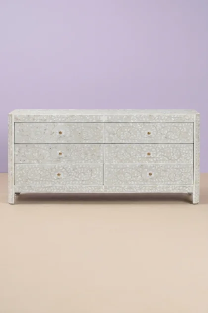 MOP Inlay Edge Floral 6 Drawer Dresser Grey, buy mop inlay edge floral, luxury mop inlay edge floral, handcrafted mop inlay edge floral, handmade mop inlay edge floral, mop inlay edge floral onlinemop-inlay-edge-floral-6-drawer-dresser-grey-bedroom-storage-dresser-floral-design-floral-pattern-flower-motif-grey-furniture-mop-inlay-furniture-mother-of-pearl-inlay-01.webp