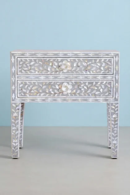 MOP Inlay Floral 2 Drawer Bedside Long Leg Grey, buy mop inlay floral drawer, luxury mop inlay floral drawer, handcrafted mop inlay floral drawer, handmade mop inlay floral drawer, mop inlay, long legmop-inlay-floral-2-drawer-bedside-long-leg-grey-bedside-table-floral-design-floral-pattern-flower-motif-grey-furniture-mop-inlay-furniture-mother-of-pearl-inla-01.webp