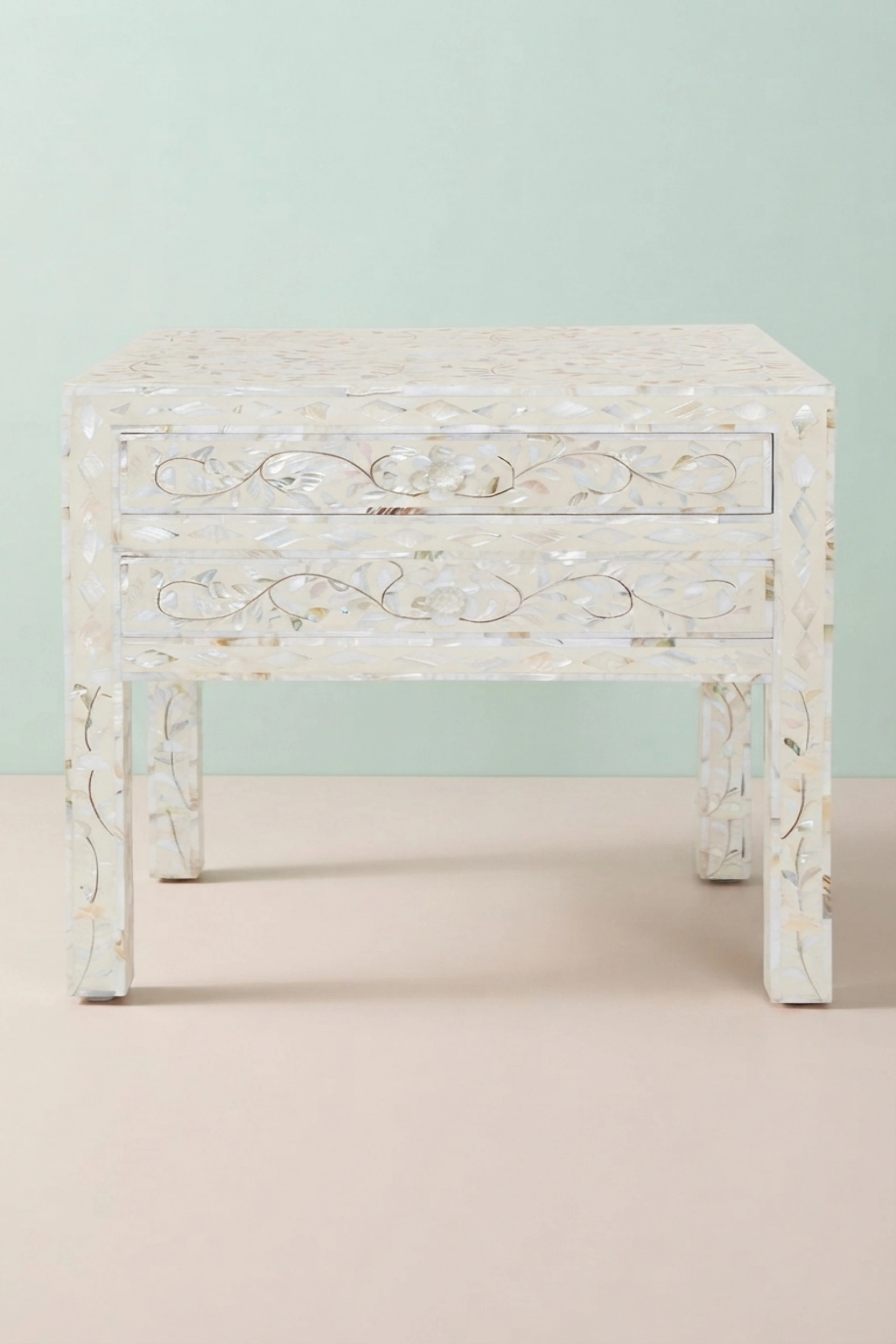 MOP Inlay Floral 2 Drawer Bedside Long Leg Ivory, buy mop inlay floral drawer, luxury mop inlay floral drawer, handcrafted mop inlay floral drawer, handmade mop inlay floral drawer, mop inlay, mopmop-inlay-floral-2-drawer-bedside-long-leg-ivory-bedside-table-floral-design-floral-pattern-flower-motif-ivory-furniture-mop-inlay-furniture-mother-of-pearl-i-01.webp