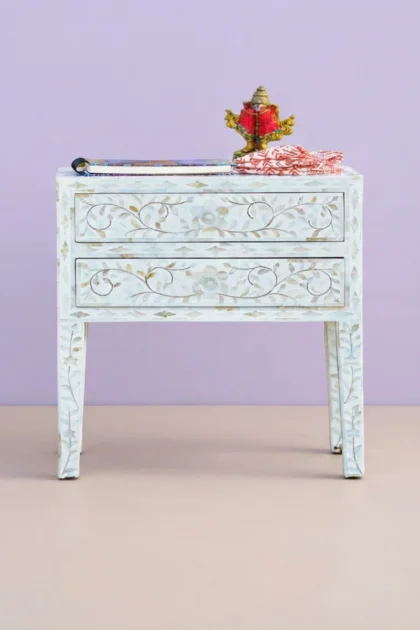 MOP Inlay Floral 2 Drawer Bedside Long Leg White, buy mop inlay floral drawer, luxury mop inlay floral drawer, handcrafted mop inlay floral drawer, handmade mop inlay floral drawer, mop inlay, mopmop-inlay-floral-2-drawer-bedside-long-leg-white-bedside-table-floral-design-floral-pattern-flower-motif-mop-inlay-furniture-mother-of-pearl-inlay-nightstand-01.webp