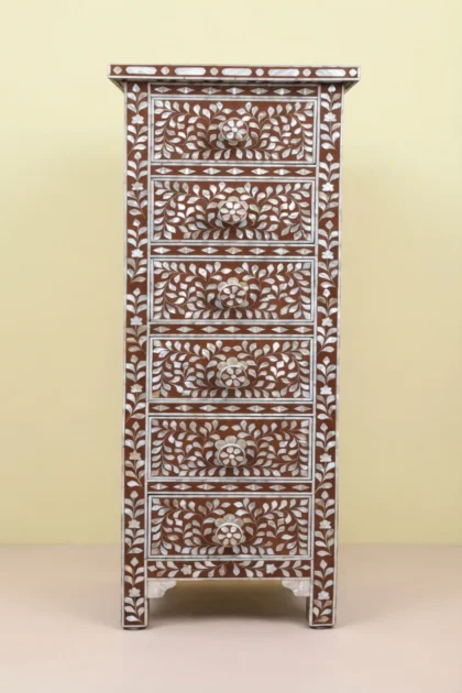 MOP Inlay Floral 6 Drawer Tallboy Chest Brown, buy mop inlay floral drawer, luxury mop inlay floral drawer, handcrafted mop inlay floral drawer, handmade mop inlay floral drawer, mop inlay floral giftmop-inlay-floral-6-drawer-tallboy-chest-brown-brown-furniture-chest-of-drawers-drawers-cabinet-floral-design-floral-pattern-flower-motif-mop-inlay-furniture-mother-01.webp