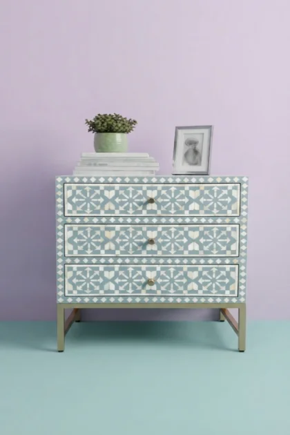 Moroccan Bone Inlay 3 Drawer Nightstand Rain Grey, buy moroccan bone inlay drawer, luxury moroccan bone inlay drawer, handcrafted moroccan bone inlay drawer, handmade moroccan bone inlay drawer, bonemoroccan-bone-inlay-3-drawer-nightstand-rain-grey-bedside-table-bone-inlay-furniture-grey-furniture-handmade-bone-inlay-moroccan-design-nightstand-01.webp