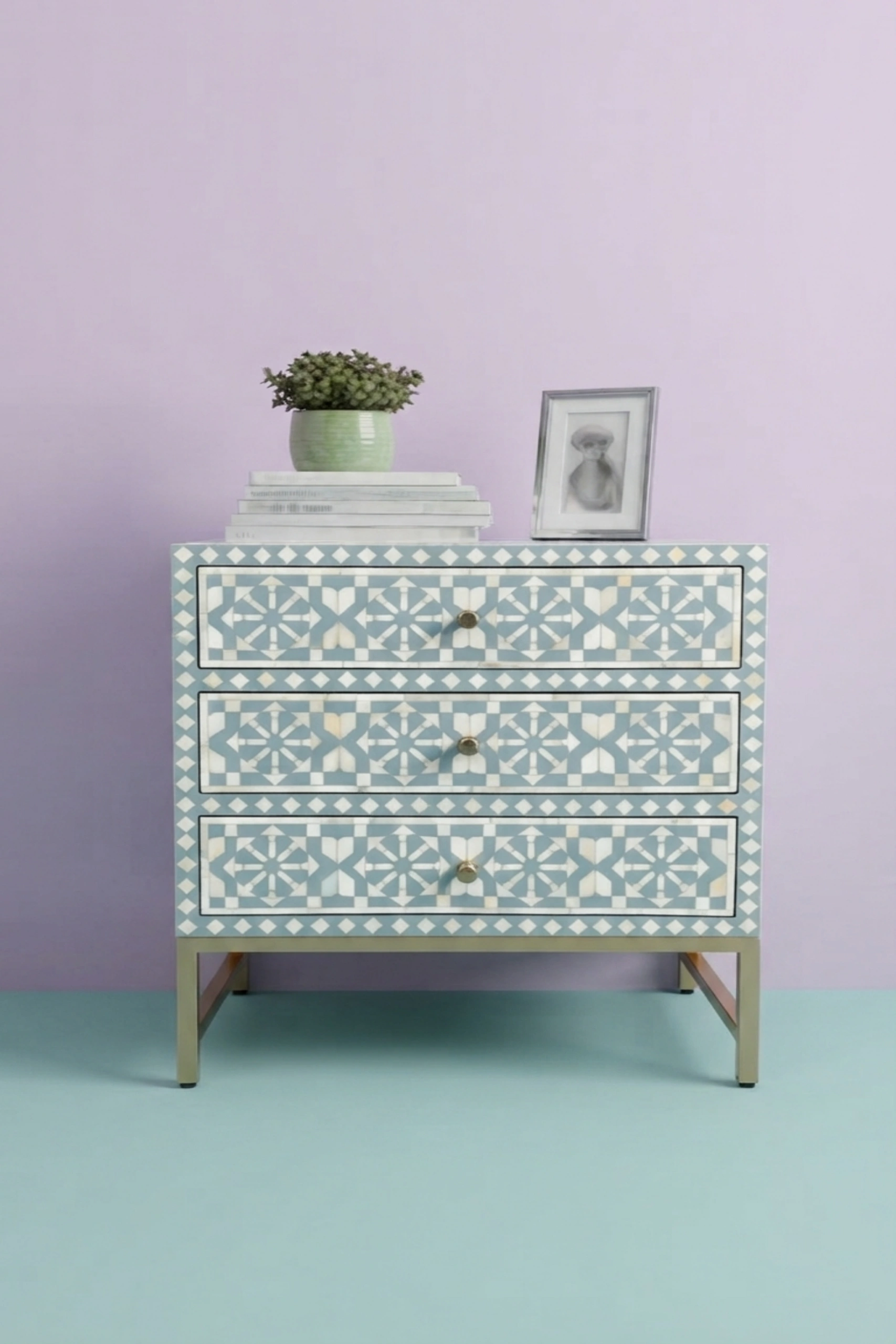 Moroccan Bone Inlay 3 Drawer Nightstand Rain Grey, buy moroccan bone inlay drawer, luxury moroccan bone inlay drawer, handcrafted moroccan bone inlay drawer, handmade moroccan bone inlay drawer, bonemoroccan-bone-inlay-3-drawer-nightstand-rain-grey-bedside-table-bone-inlay-furniture-grey-furniture-handmade-bone-inlay-moroccan-design-nightstand-01.webp