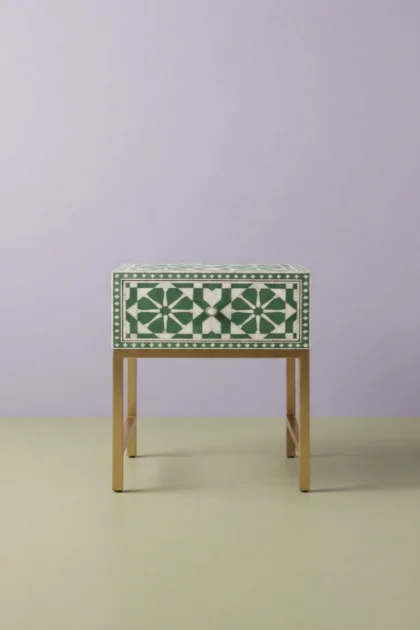 Moroccan Bone Inlay Bedside 1 Drawer Green, buy moroccan bone inlay bedside, luxury moroccan bone inlay bedside, handcrafted moroccan bone inlay bedside, handmade moroccan bone inlay bedside, moroccanmoroccan-bone-inlay-bedside-1-drawer-green-bedside-table-bone-inlay-furniture-green-furniture-handmade-bone-inlay-moroccan-design-nightstand-01.webp