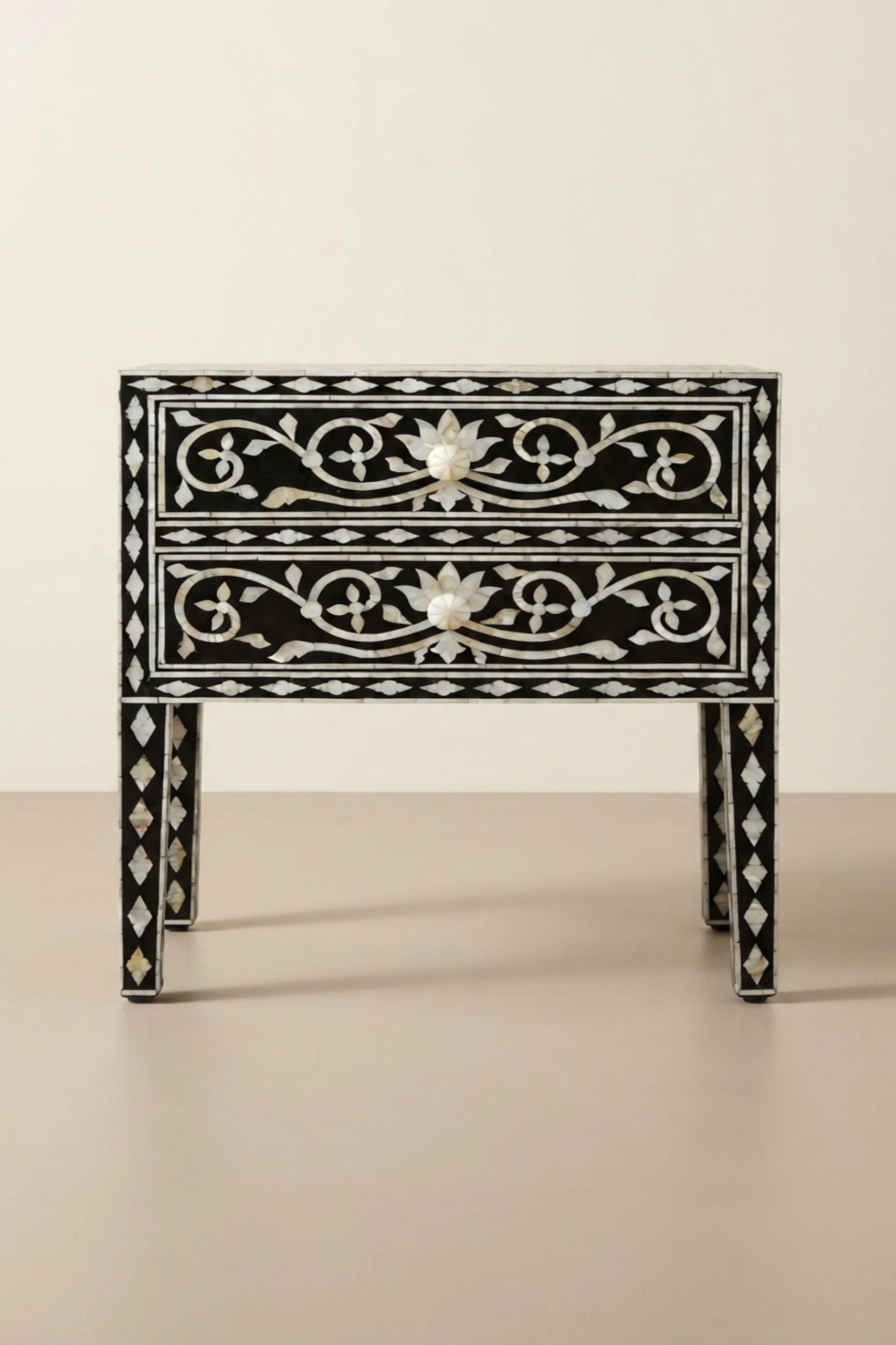 Mother Of Pearl Inlay Bedside 2 Drawer Lotus Design Black, buy mother pearl inlay bedside, luxury mother pearl inlay bedside, handcrafted mother pearl inlay bedside, mother pearl inlay bedside onlinemother-of-pearl-inlay-bedside-2-drawer-lotus-design-black-bedside-table-black-furniture-lotus-design-lotus-pattern-mop-inlay-furniture-mother-of-pear-01.webp