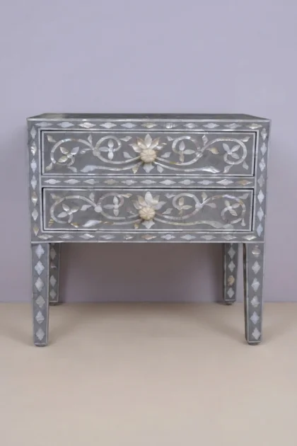 Mother Of Pearl Inlay Bedside 2 Drawer Lotus Design Grey, buy mother pearl inlay bedside, luxury mother pearl inlay bedside, handcrafted mother pearl inlay bedside, handmade mother pearl inlay bedsidemother-of-pearl-inlay-bedside-2-drawer-lotus-design-grey-bedside-table-grey-furniture-lotus-design-lotus-pattern-mop-inlay-furniture-mother-of-pearl-i-01.webp
