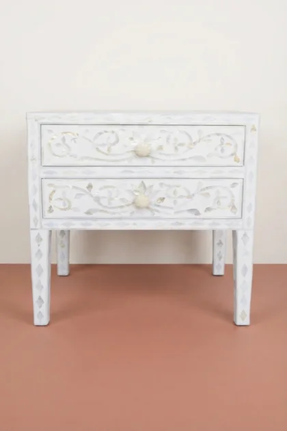 Mother Of Pearl Inlay Bedside 2 Drawer Lotus Design White, buy mother pearl inlay bedside, luxury mother pearl inlay bedside, handcrafted mother pearl inlay bedside, mother pearl inlay bedside onlinemother-of-pearl-inlay-bedside-2-drawer-lotus-design-white-bedside-table-lotus-design-lotus-pattern-mop-inlay-furniture-mother-of-pearl-inlay-nightsta-01.webp
