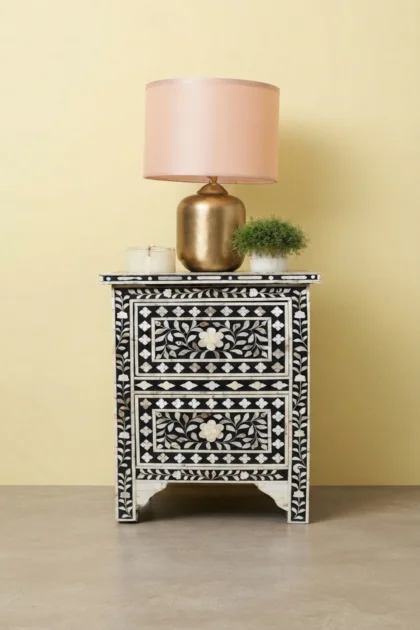 Mother Of Pearl Inlay Floral 2 Drawer Bedside Black, buy mother pearl inlay floral, luxury mother pearl inlay floral, handcrafted mother pearl inlay floral, handmade mother pearl inlay floral, mothermother-of-pearl-inlay-floral-2-drawer-bedside-black-bedside-table-black-furniture-floral-design-floral-pattern-flower-motif-mop-inlay-furniture-mother-of-p-01.webp