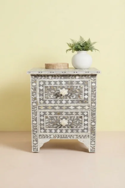 Mother Of Pearl Inlay Floral 2 Drawer Bedside Dark Grey, buy mother pearl inlay floral, luxury mother pearl inlay floral, handcrafted mother pearl inlay floral, handmade mother pearl inlay floralmother-of-pearl-inlay-floral-2-drawer-bedside-dark-grey-bedside-table-floral-design-floral-pattern-flower-motif-grey-furniture-mop-inlay-furniture-moth-01.webp