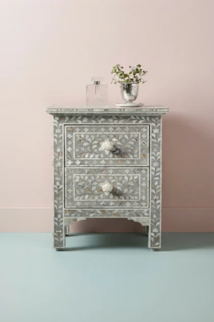 Mother Of Pearl Inlay Floral 2 Drawer Bedside Light Grey, buy mother pearl inlay floral, luxury mother pearl inlay floral, handcrafted mother pearl inlay floral, handmade mother pearl inlay floralmother-of-pearl-inlay-floral-2-drawer-bedside-light-grey-bedside-table-floral-design-floral-pattern-flower-motif-grey-furniture-mop-inlay-furniture-mo-01.webp