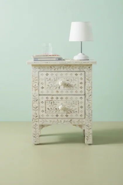 Mother of Pearl Inlay Floral 2 Drawer Bedside White, buy mother pearl inlay floral, luxury mother pearl inlay floral, handcrafted mother pearl inlay floral, handmade mother pearl inlay floral, mothermother-of-pearl-inlay-floral-2-drawer-bedside-white-bedside-table-floral-design-floral-pattern-flower-motif-mop-inlay-furniture-mother-of-pearl-inlay-night-01.webp