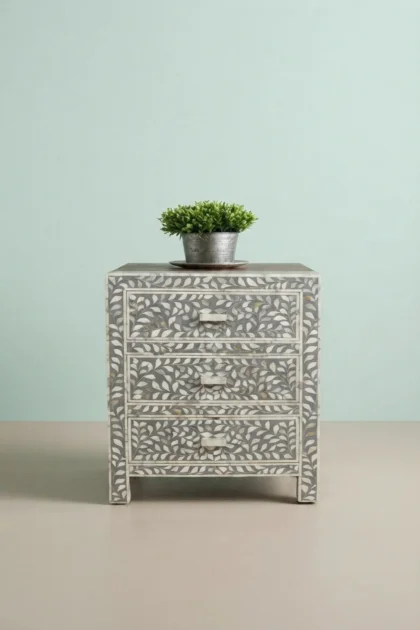 Mother Of Pearl Inlay Floral 3 Drawer Bedside Grey, buy mother pearl inlay floral, luxury mother pearl inlay floral, handcrafted mother pearl inlay floral, handmade mother pearl inlay floral, mothermother-of-pearl-inlay-floral-3-drawer-bedside-grey-bedside-table-floral-design-floral-pattern-flower-motif-grey-furniture-mop-inlay-furniture-mother-of-pear-01.webp