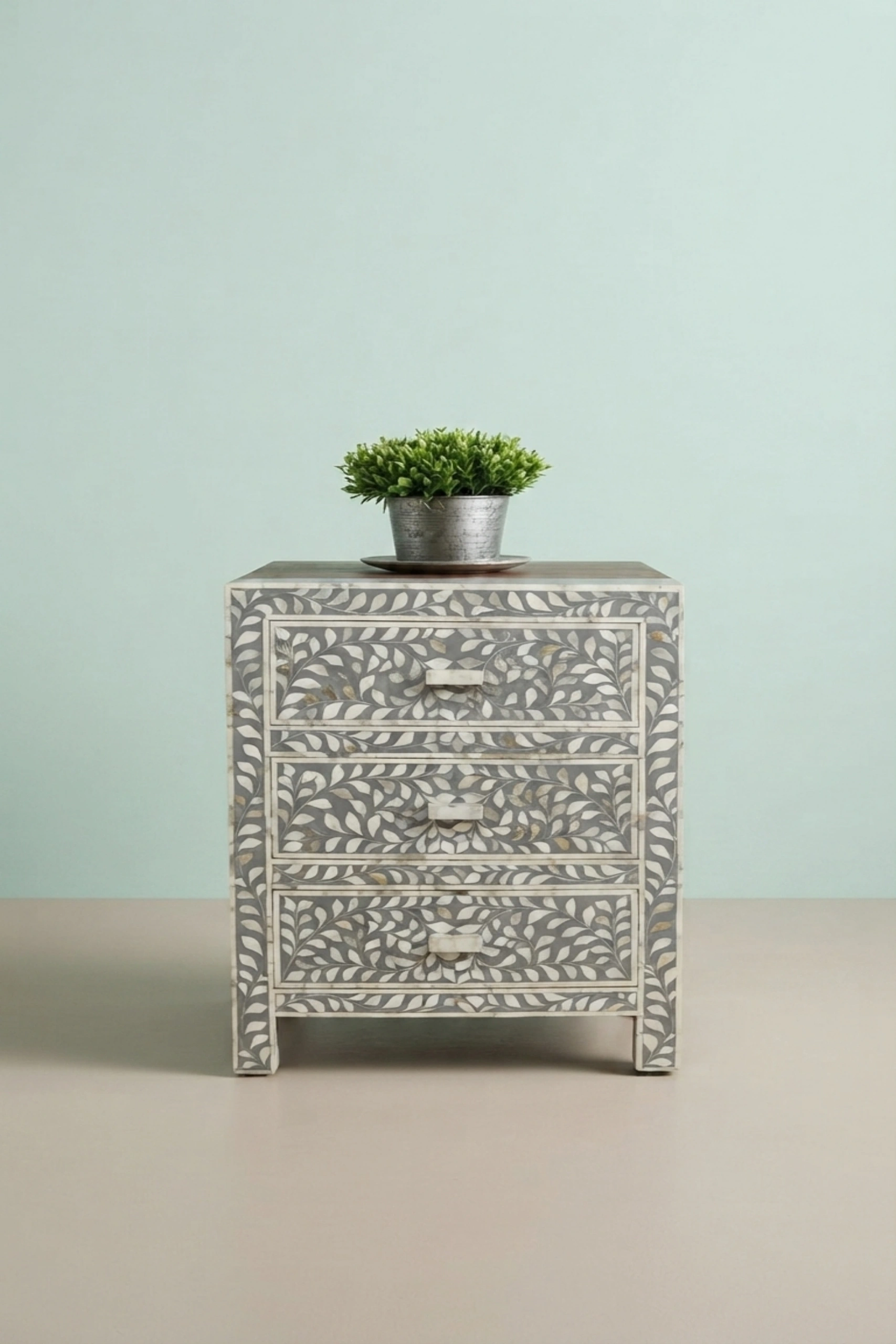 Mother Of Pearl Inlay Floral 3 Drawer Bedside Grey, buy mother pearl inlay floral, luxury mother pearl inlay floral, handcrafted mother pearl inlay floral, handmade mother pearl inlay floral, mothermother-of-pearl-inlay-floral-3-drawer-bedside-grey-bedside-table-floral-design-floral-pattern-flower-motif-grey-furniture-mop-inlay-furniture-mother-of-pear-01.webp