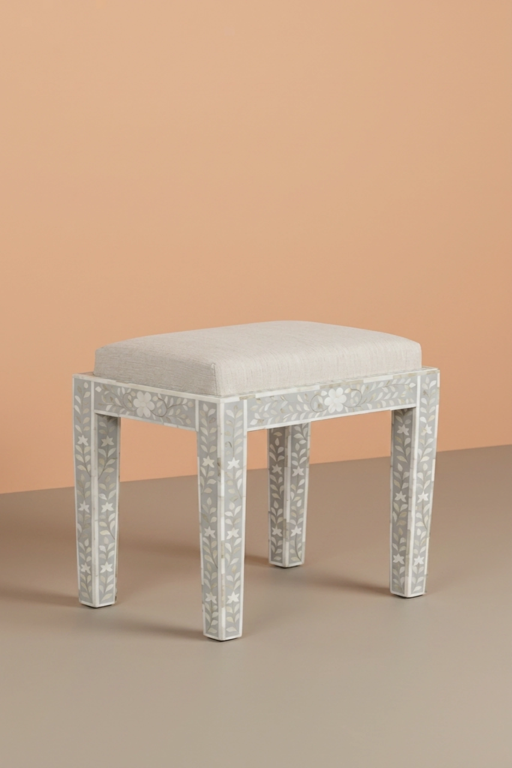 Mother Of Pearl Inlay Floral Stool Grey, buy mother pearl inlay floral, luxury mother pearl inlay floral, handcrafted mother pearl inlay floral, handmade mother pearl inlay floral, mother pearl, pearlmother-of-pearl-inlay-floral-stool-grey-accent-stool-floral-design-floral-pattern-flower-motif-grey-furniture-mop-inlay-furniture-mother-of-pearl-inlay-stool-01.webp