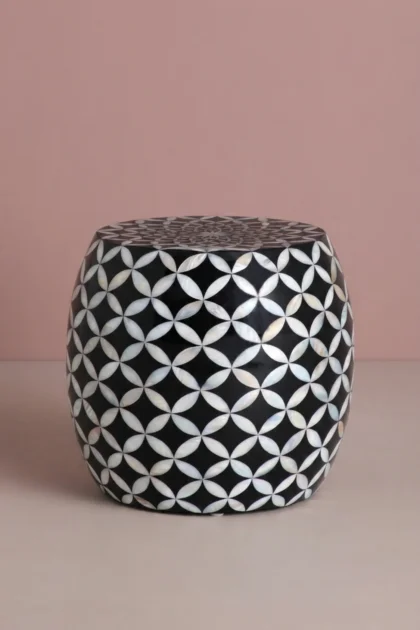 Mother of Pearl Inlay Stool Geometric Black, buy mother pearl inlay stool, luxury mother pearl inlay stool, handcrafted mother pearl inlay stool, handmade mother pearl inlay stool, mother pearl, pearlmother-of-pearl-inlay-stool-geometric-black-accent-stool-black-furniture-geometric-design-geometric-pattern-mop-inlay-furniture-mother-of-pearl-inlay-stool-01.webp