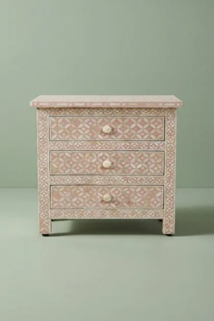 Pink Bone Inlay 3 Drawer Bedside Geometric, buy pink bone inlay drawer, luxury pink bone inlay drawer, handcrafted pink bone inlay drawer, handmade pink bone inlay drawer, pink bone inlay drawer indiapink-bone-inlay-3-drawer-bedside-geometric-bedside-table-bone-inlay-furniture-geometric-design-geometric-pattern-handmade-bone-inlay-nightstand-pink-furniture-01.webp