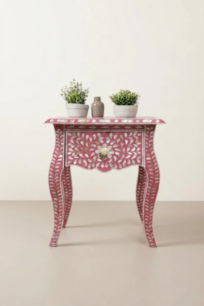 Pink Mother Of Pearl Inlay French Bedside 1 Drawer Floral Design, buy pink mother pearl inlay, luxury pink mother pearl inlay, handcrafted pink mother pearl inlay, handmade pink mother pearl inlaypink-mother-of-pearl-inlay-french-bedside-1-drawer-floral-design-bedside-table-floral-design-floral-pattern-flower-motif-mop-inlay-furniture-m-01.webp